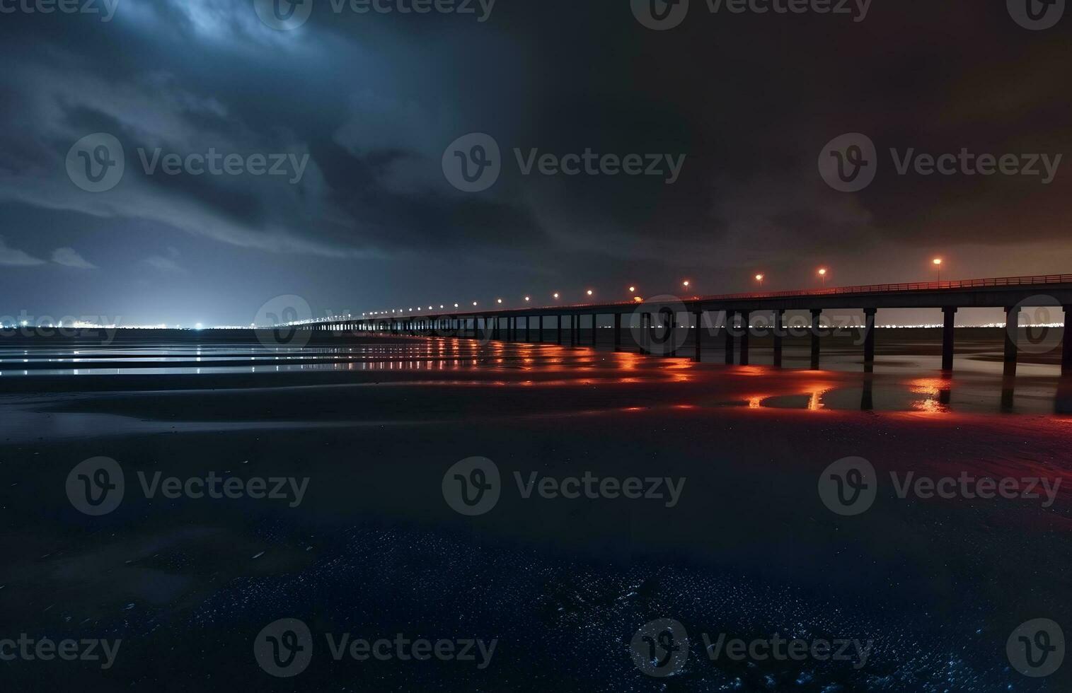 ai generiert Nacht Stadt Aussicht und Brücke im dunkel Atmosphäre foto