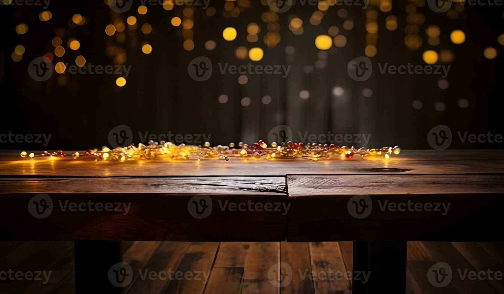 ai generiert Holz Tabelle oben von verschwommen abstrakt Gold Bokeh Hintergrund mit Weihnachten Beleuchtung. foto