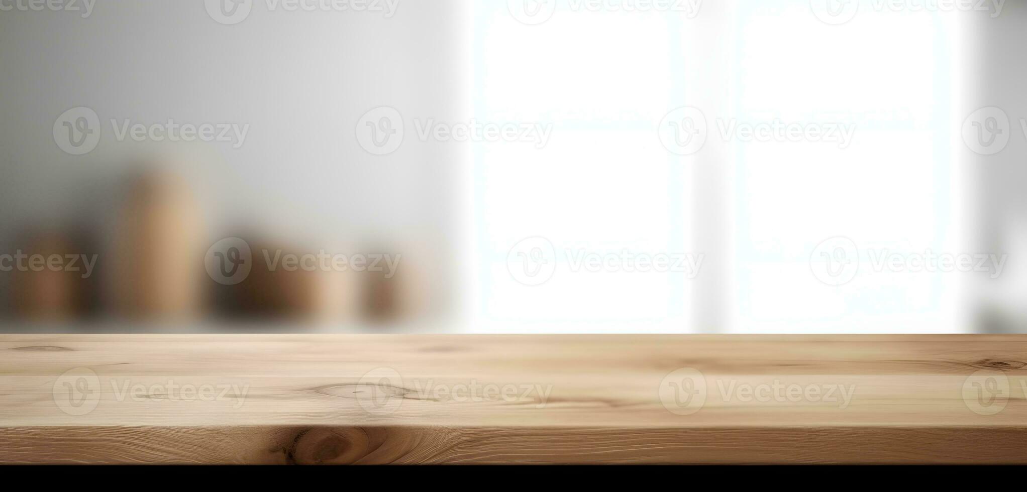 ai generiert Licht Holz Tabelle oben auf verwischen Weiß grau abstrakt Hintergrund - - können Sein benutzt zum Anzeige oder Montage Ihre Produkte foto