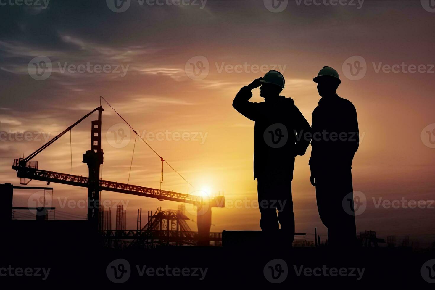 ai generiert Silhouette von Ingenieur und Arbeiter mit Ausschnitt Pfad auf Gebäude Grundstück, Konstruktion Seite? ˅ beim Sonnenuntergang im Abend Zeit. foto