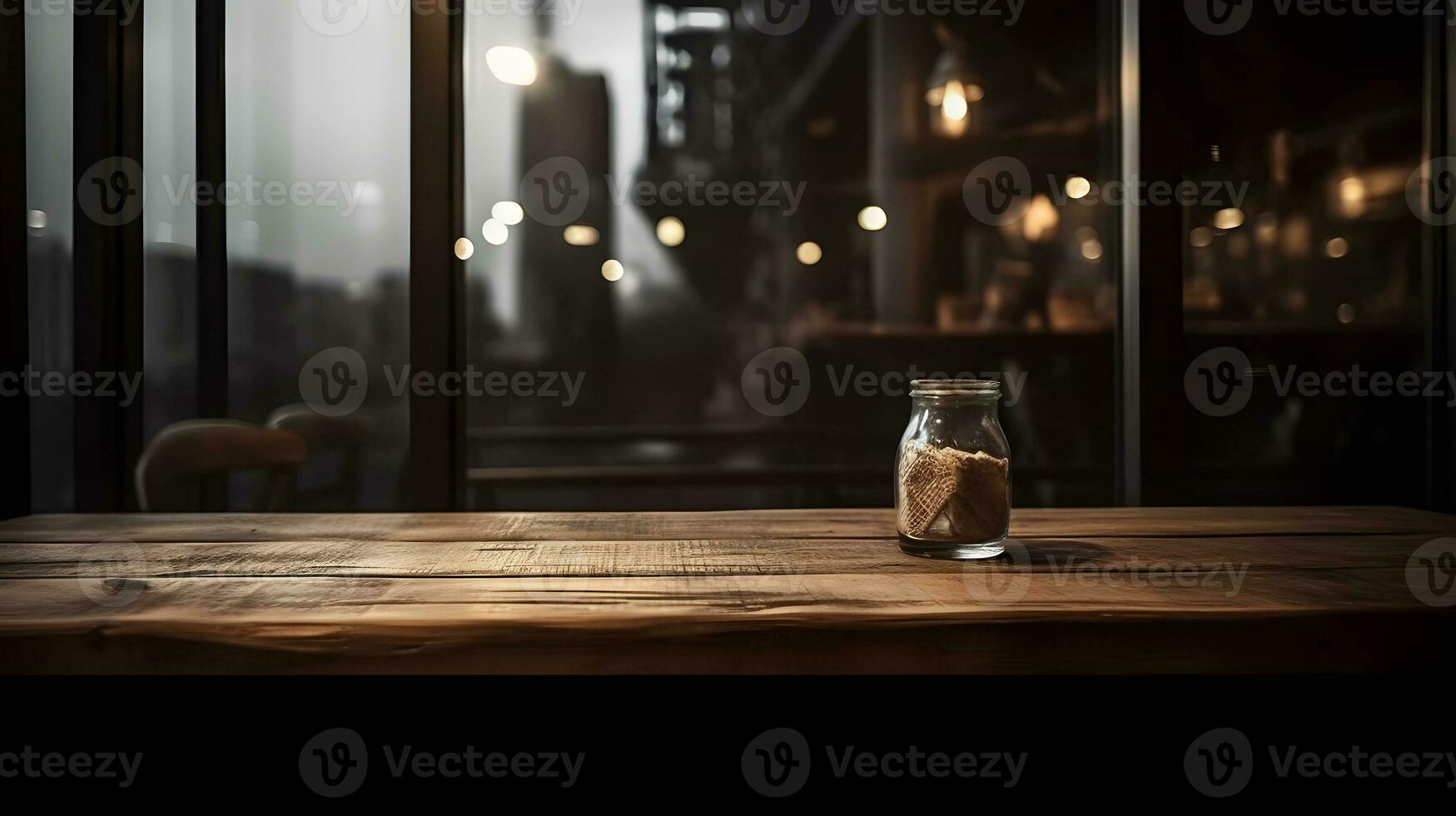 ai generiert leeren dunkel hölzern Tabelle im Vorderseite von abstrakt verschwommen Bokeh Hintergrund von Restaurant . können Sein benutzt zum Anzeige oder Montage Ihre Produkte.mock oben zum Raum foto