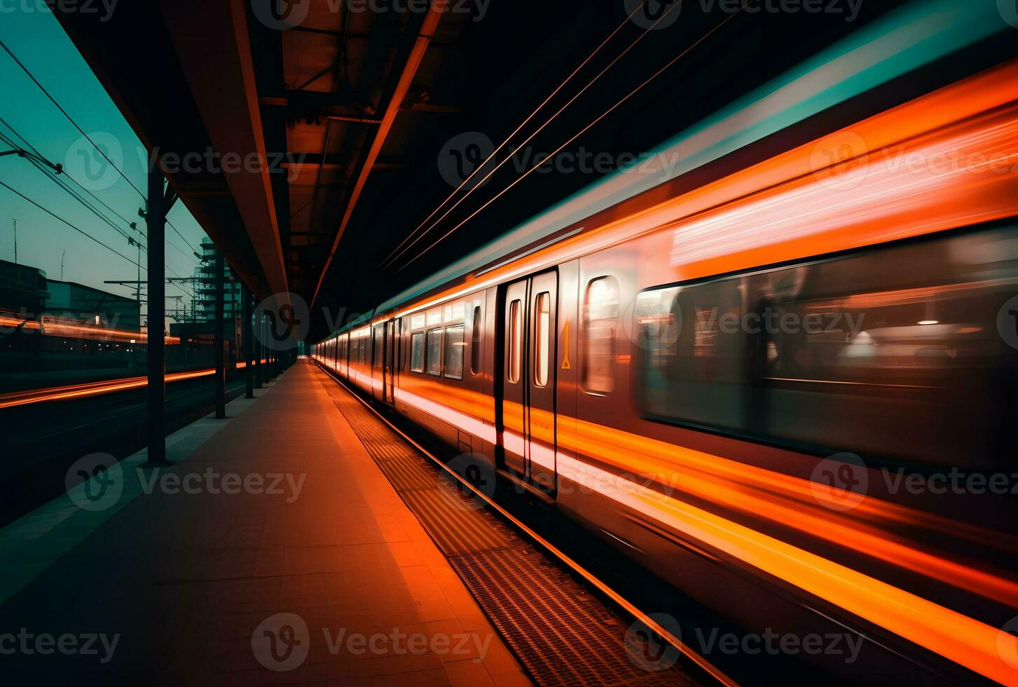 ai generiert ein schön lange Exposition von ein Zug Vorbeigehen durch beim das unter Tage Bahnhof foto