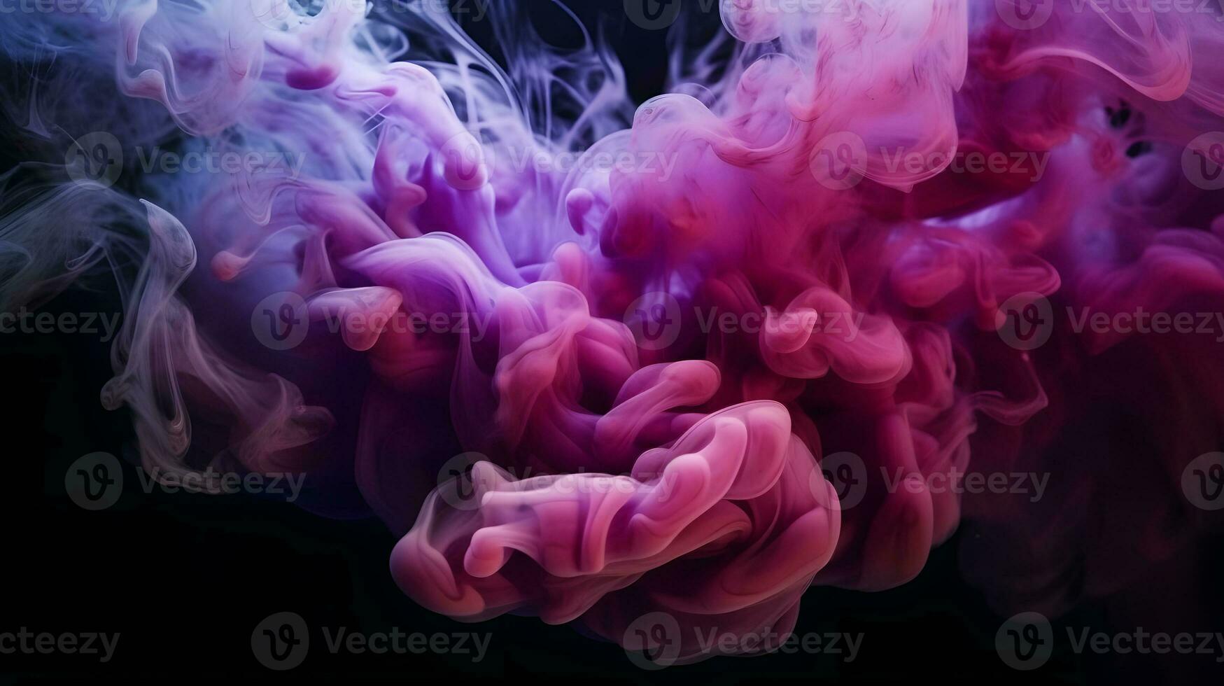 ai generiert lila und Blau Farben Mischen, Rauch bewirken im Wasser. dick bunt Rauch lila, Rosa, Rot, Blau auf ein schwarz isoliert Hintergrund foto