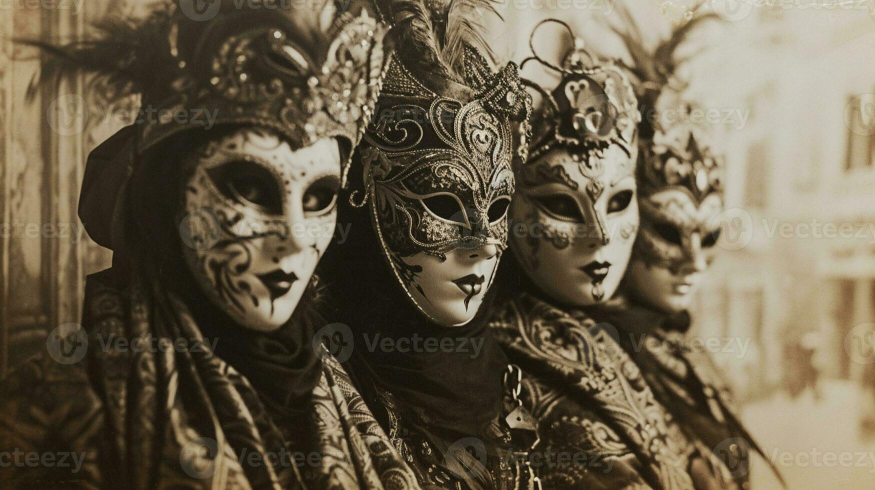 ai generiert Jahrgang Foto von vier Mädchen Stehen in der Nähe von das Eingang zu ein Kasino, ihr Gesichter versteckt hinter venezianisch Masken