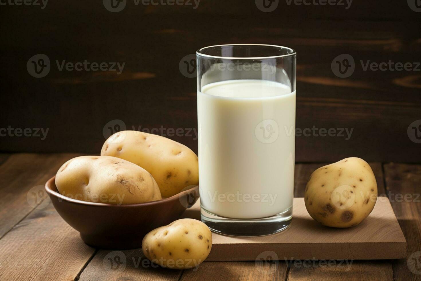 ai generiert auf ein hölzern Tafel Dort ist ein Glas von Kartoffel Milch und ganze Kartoffeln Lüge Nächster zu es foto