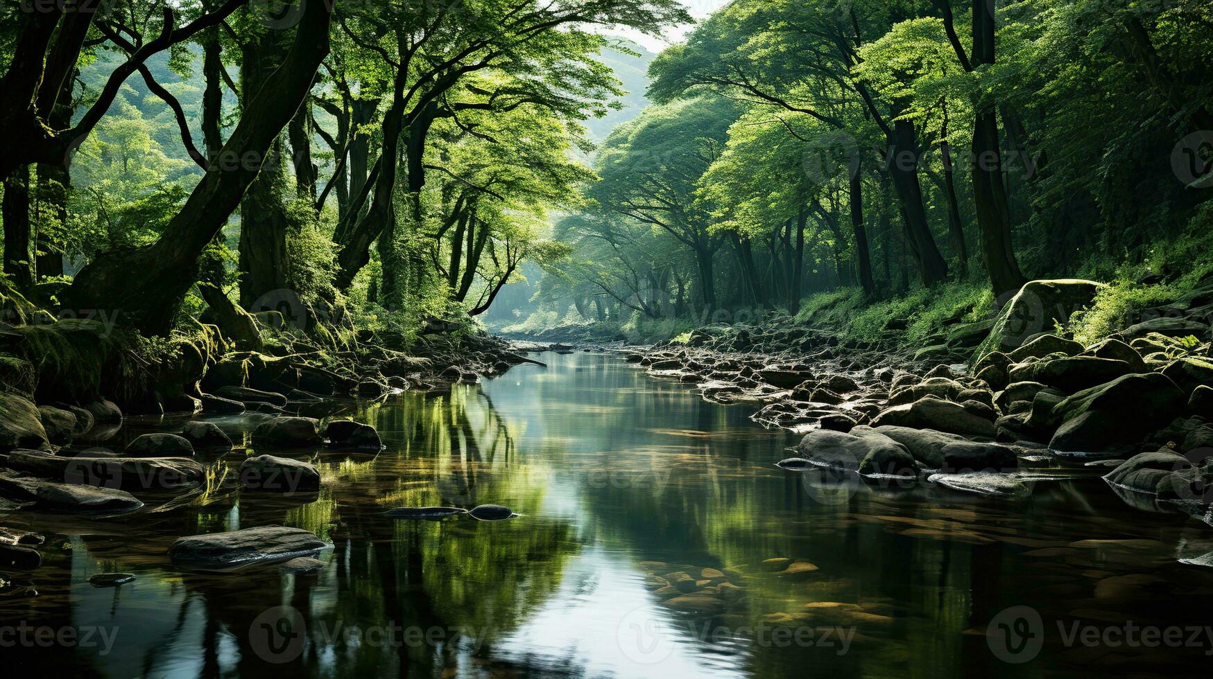 ai generiert ein Fluss fließend durch ein Wald. erstellt mit generativ ai foto