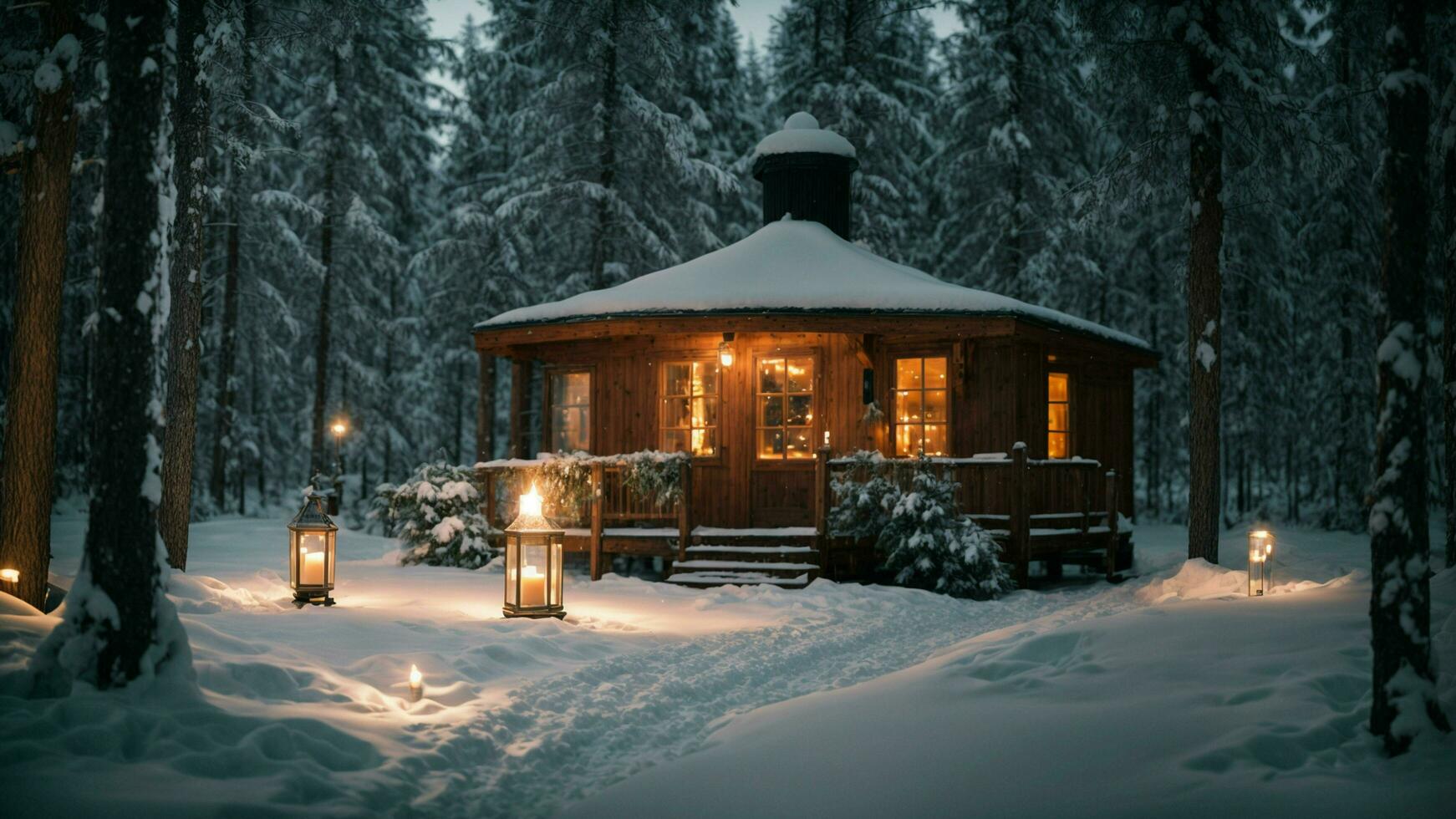 ai generiert erstellen ein gemütlich und warm Atmosphäre durch Fotografieren ein Winter Wald beleuchtet durch Sanft Kerzenlicht. diese einzigartig Perspektive fügt hinzu ein berühren von Intimität zu das Winter Wunderland Szene. foto