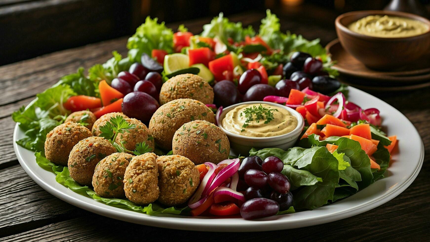 ai generiert ein minimalistisch noch elegant Vegetarier Teller gegen das Hintergrund von ein dunkel hölzern Tabelle im ein zeitgenössisch Restaurant foto