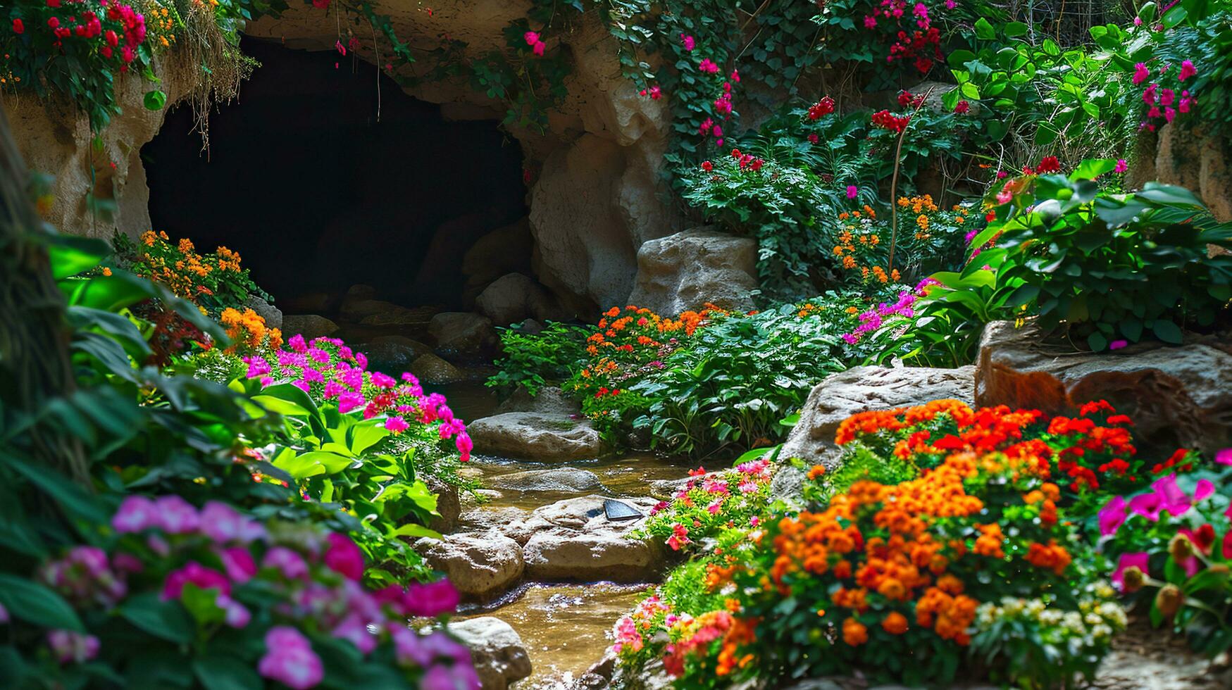 ai generiert ein Grotte mit bunt Blume Dekorationen. foto