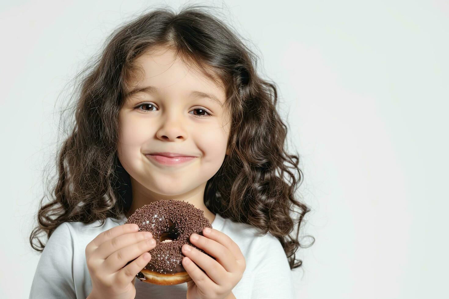 ai generiert süß wenig Mädchen Essen ein Schokolade Krapfen auf ein Weiß Hintergrund. foto