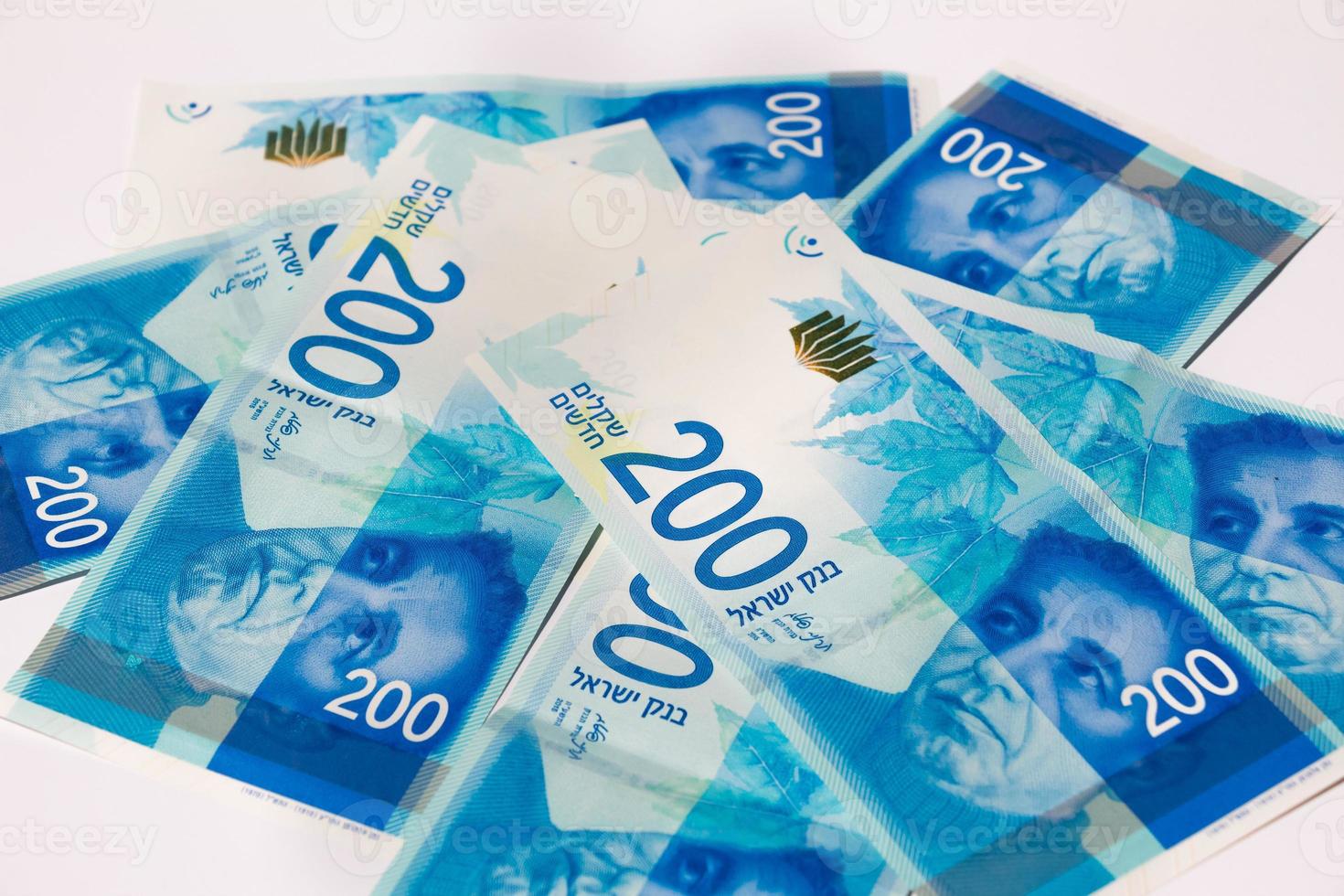 Stapel israelischer Geldscheine von 200 Schekel foto