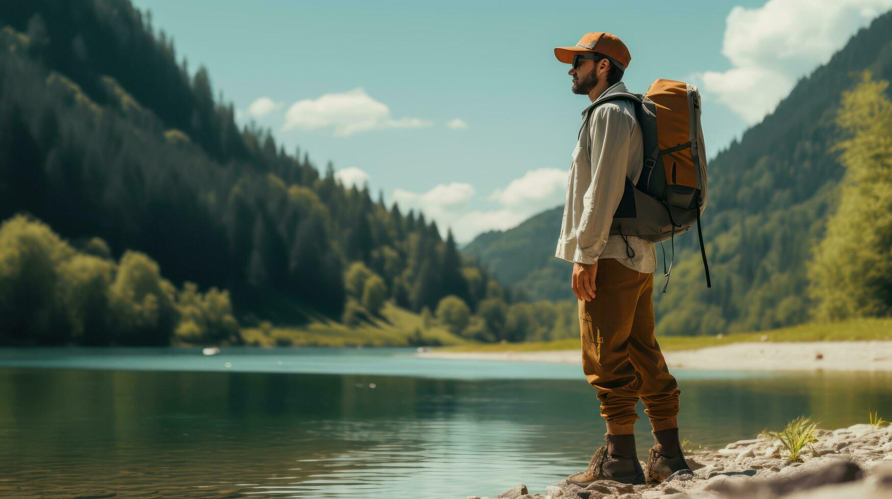 ai generiert Mann mit Tourist Rucksack und Wald Landschaft. generativ ai foto