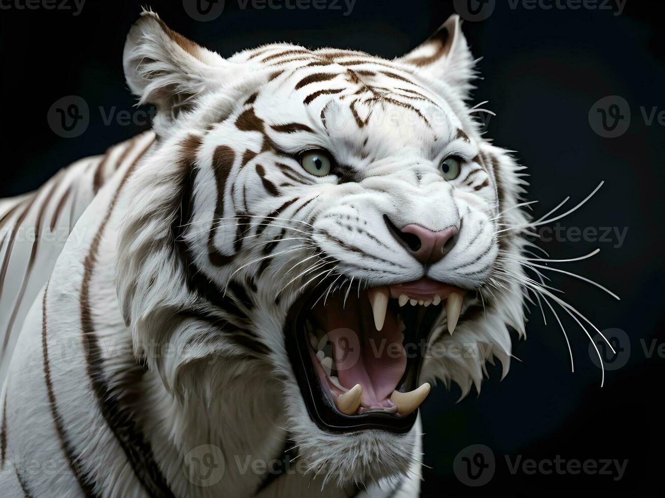 ai generiert Nahansicht von ein heftig Weiß Tiger brüllend gegen ein schwarz Hintergrund foto