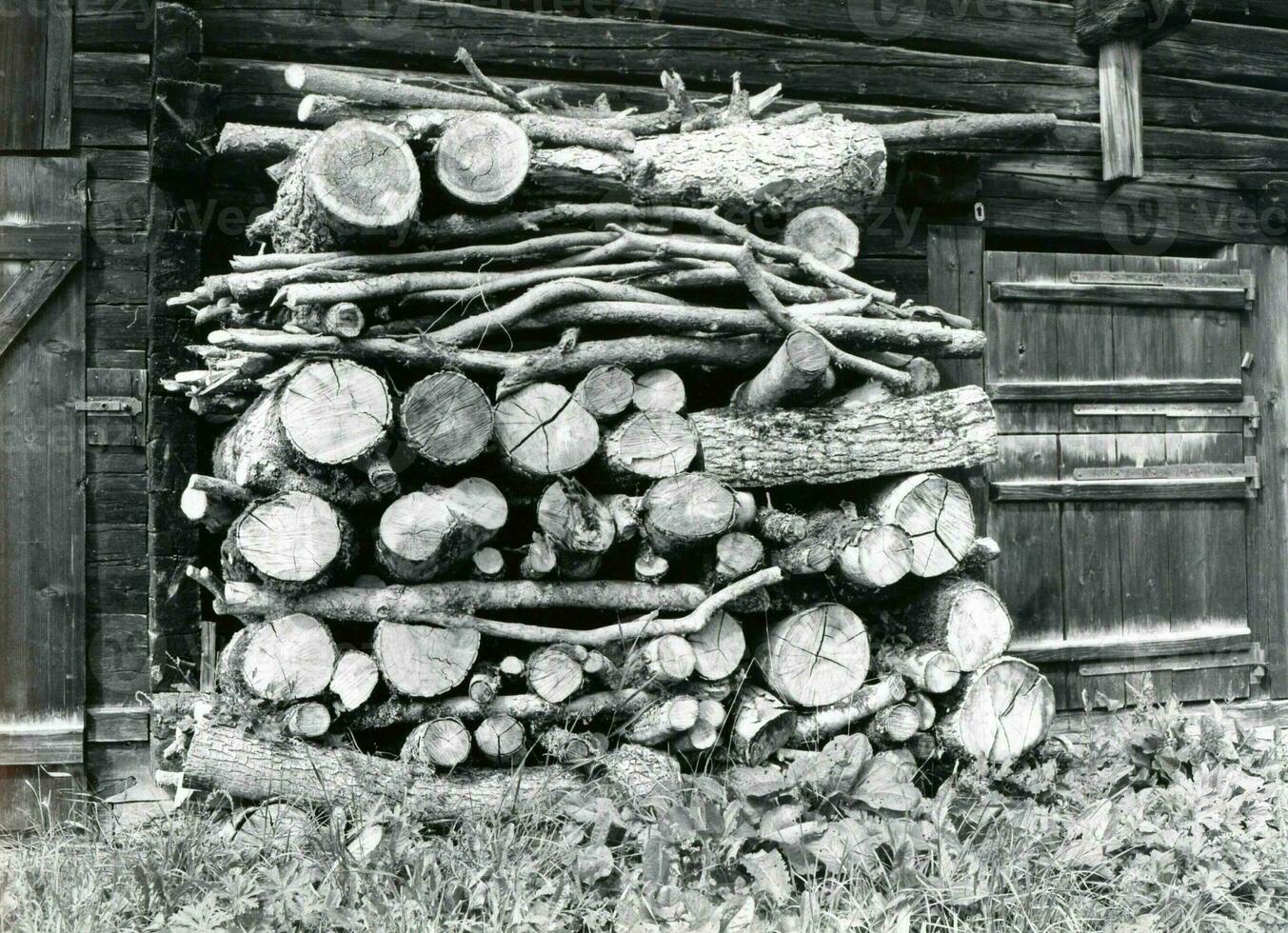 ein Stapel von Protokolle draußen ein Scheune foto