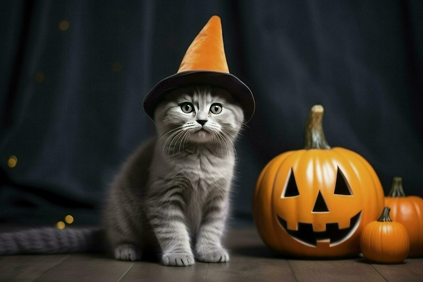 ai generiert schön wenig schottisch Tabby Katze mit Halloween Hut foto