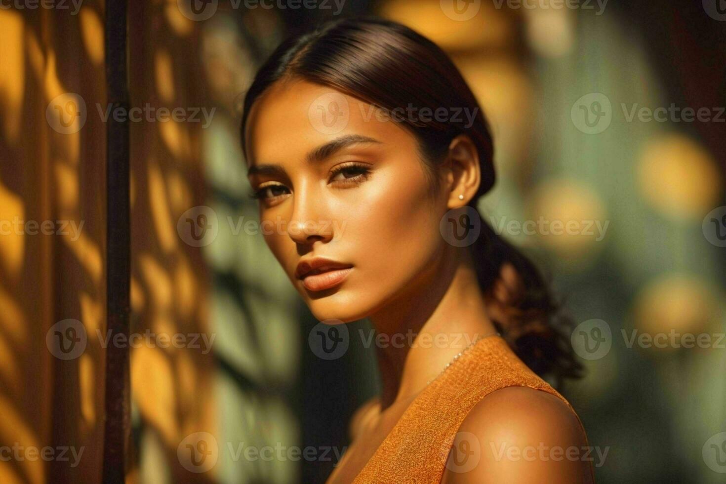 ai generiert atemberaubend schön jung Frau mit hoch Kontrast Schatten und modisch Stil foto