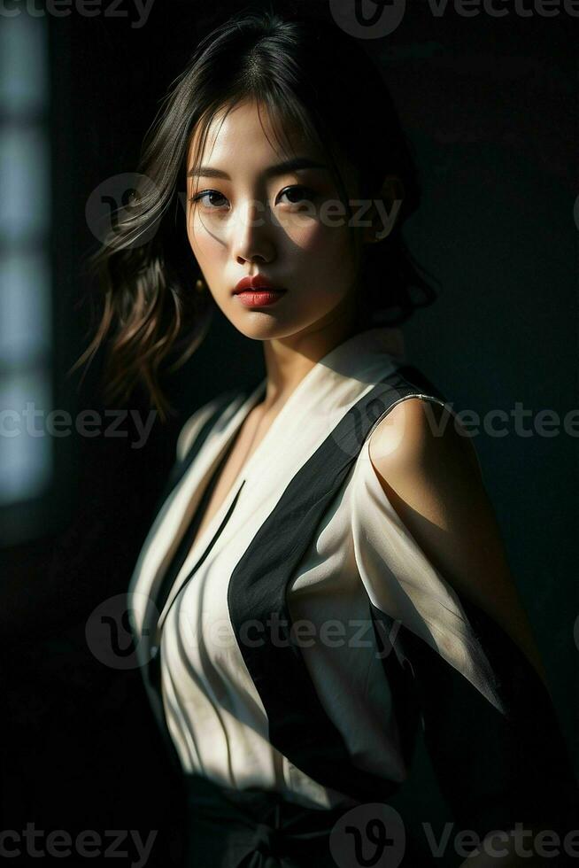 ai generiert atemberaubend schön jung asiatisch Frau mit hoch Kontrast Schatten und modisch Stil. Profi Foto