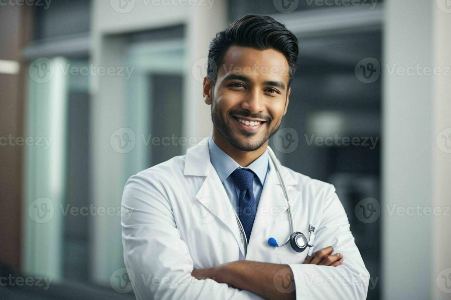 ai generiert lächelnd jung männlich Arzt im ein Weiß Mantel, ein Stethoskop beim ein Krankenhaus. Profi Foto