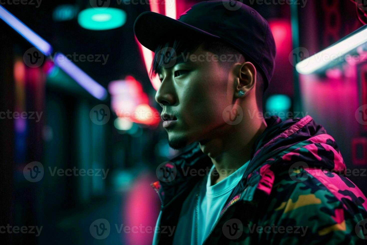 ai generiert jung asiatisch muskulös Mann mit Hüfte hop Stil mit Neon- Licht beim Straße. Profi Foto