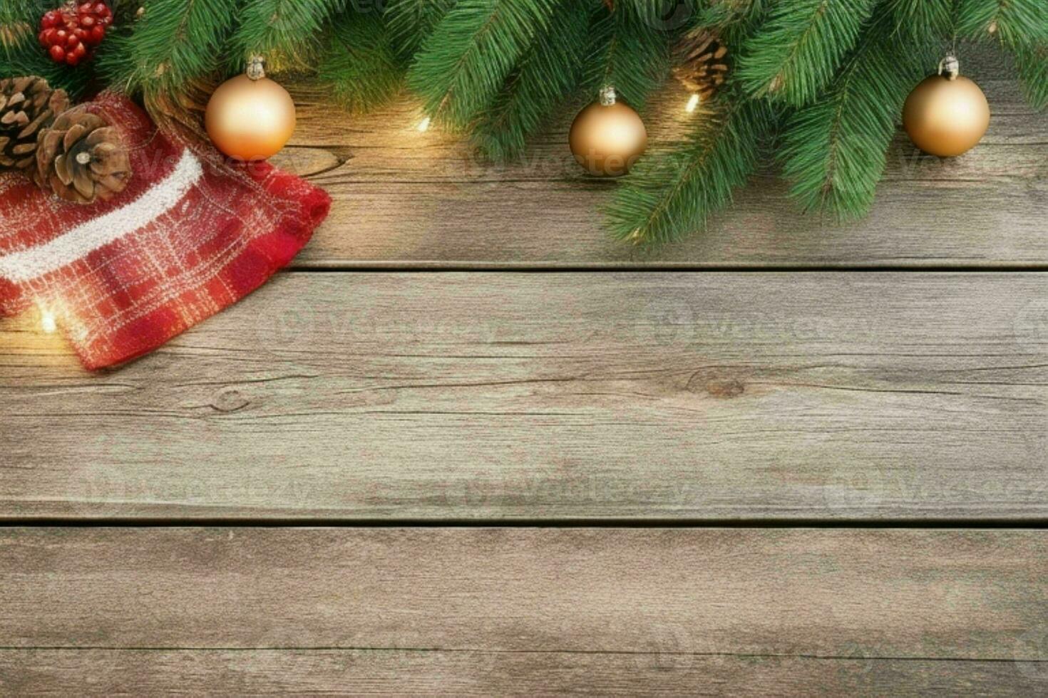 ai generiert Weihnachten Hintergrund auf rustikal hölzern Tisch. Profi Foto