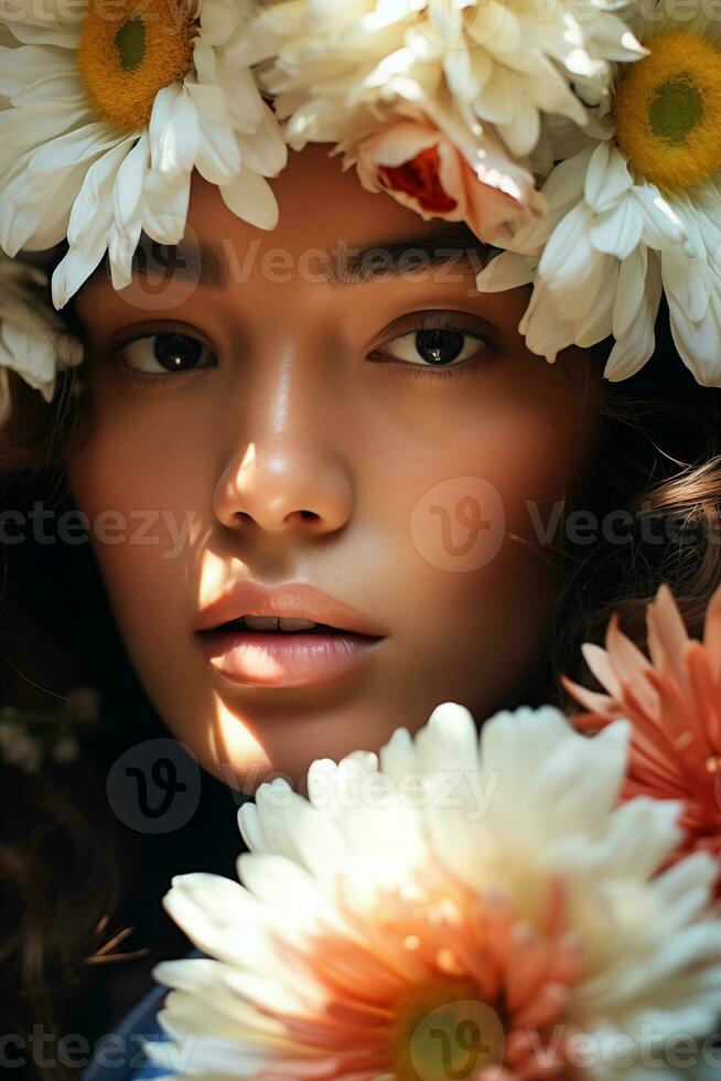 ai generiert ein schließen oben Bild von ein Frau mit Blume um ihr Kopf foto