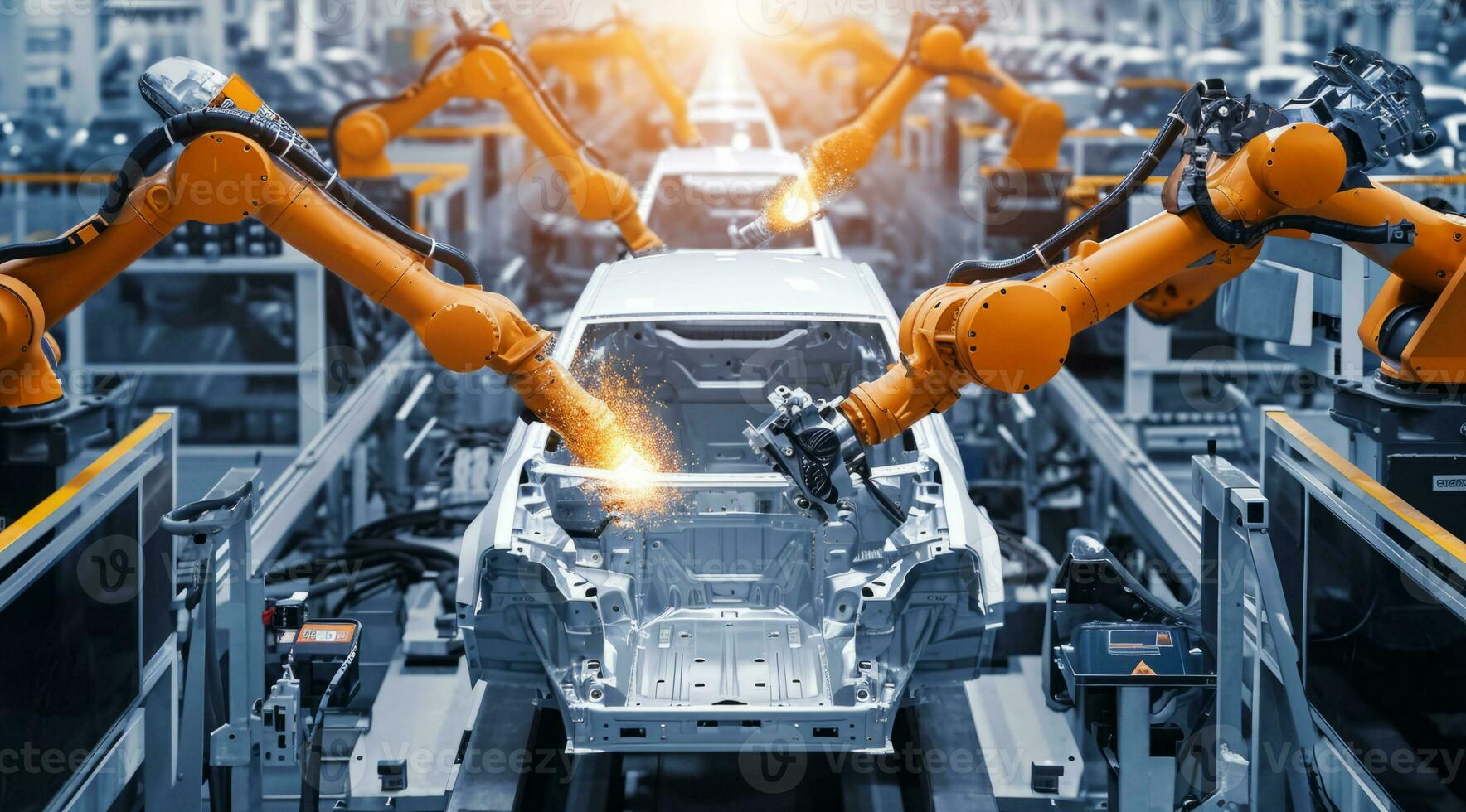 ai generiert Auto Fabrik Förderer Gürtel Versammlung Linie Produktion mit Roboter und künstlich Intelligenz foto