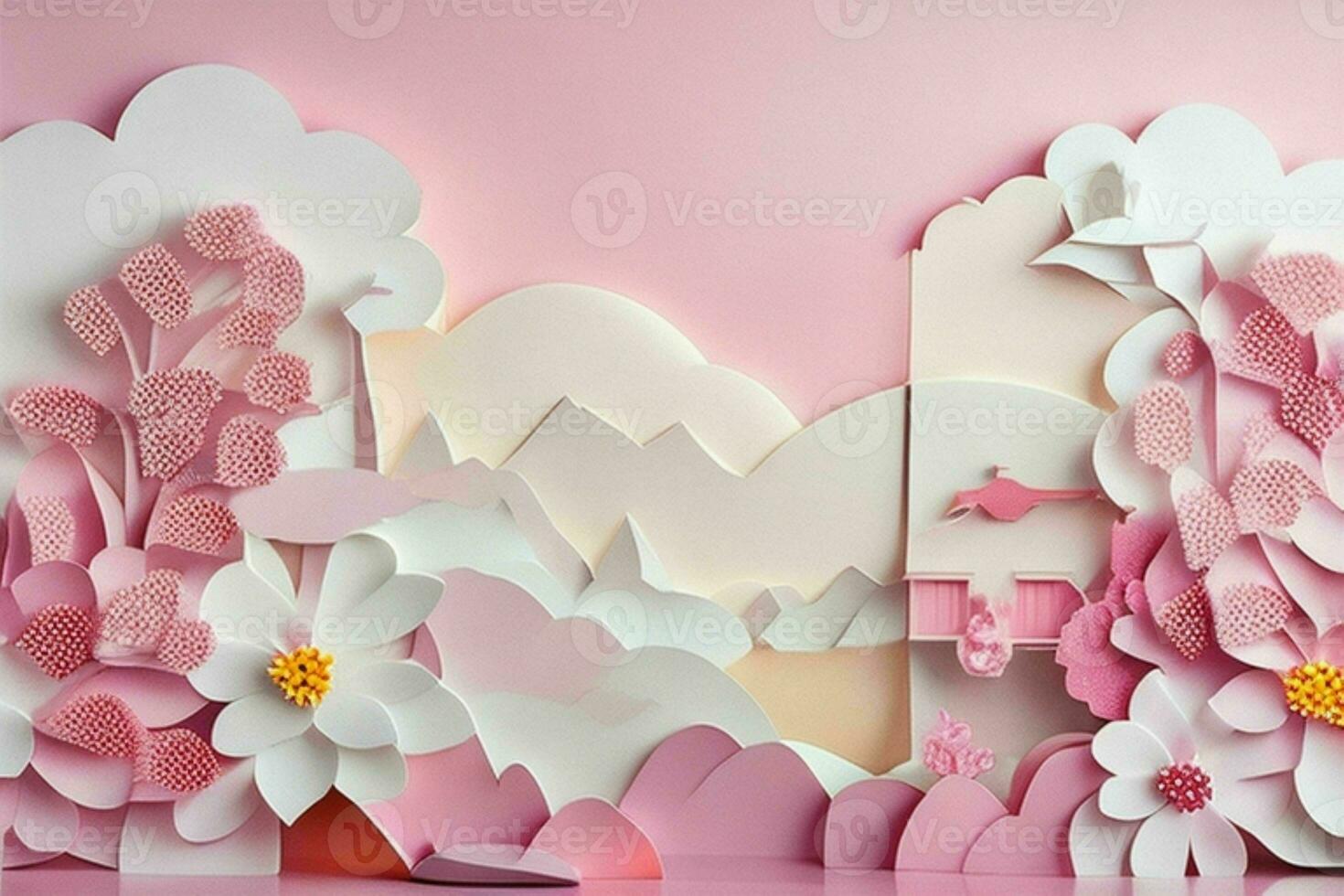 ai generiert bunt Papier Schnitt Stil Blumen und Blätter romantisch Landschaft. Valentinsgrüße Tag. Mutter Tag Jubiläum. Profi Foto