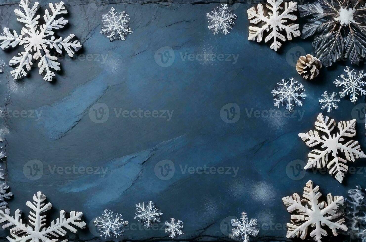 ai generiert Weihnachten Hintergrund mit Schneeflocken und Zapfen auf Blau Schiefer Textur. oben Sicht, Kopieren Raum. Winter flachgelegt. foto
