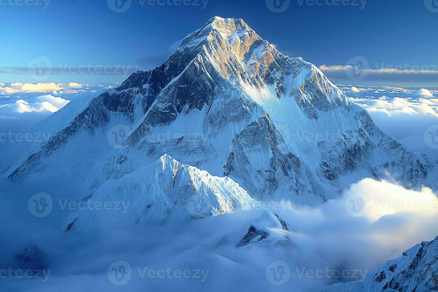 ai generiert Aussicht von ein hoch schneebedeckt Berg Gipfel über das Wolken foto