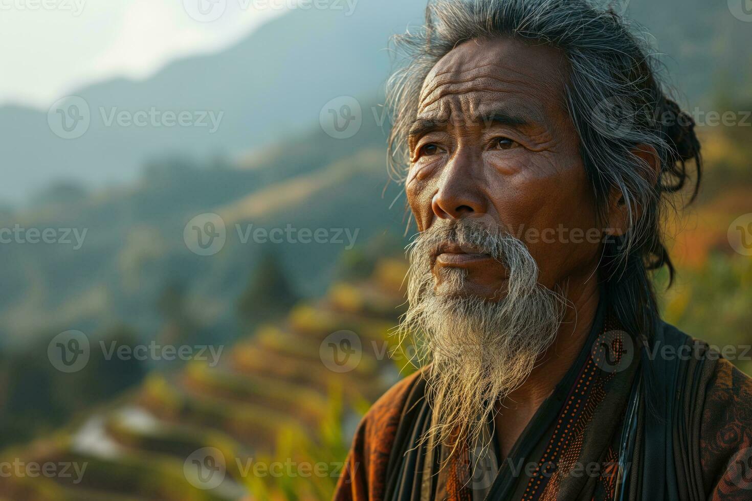 ai generiert asiatisch ländlich Mann im Volk Kleider gegen das Hintergrund von ein Senke mit landwirtschaftlich Terrassen foto