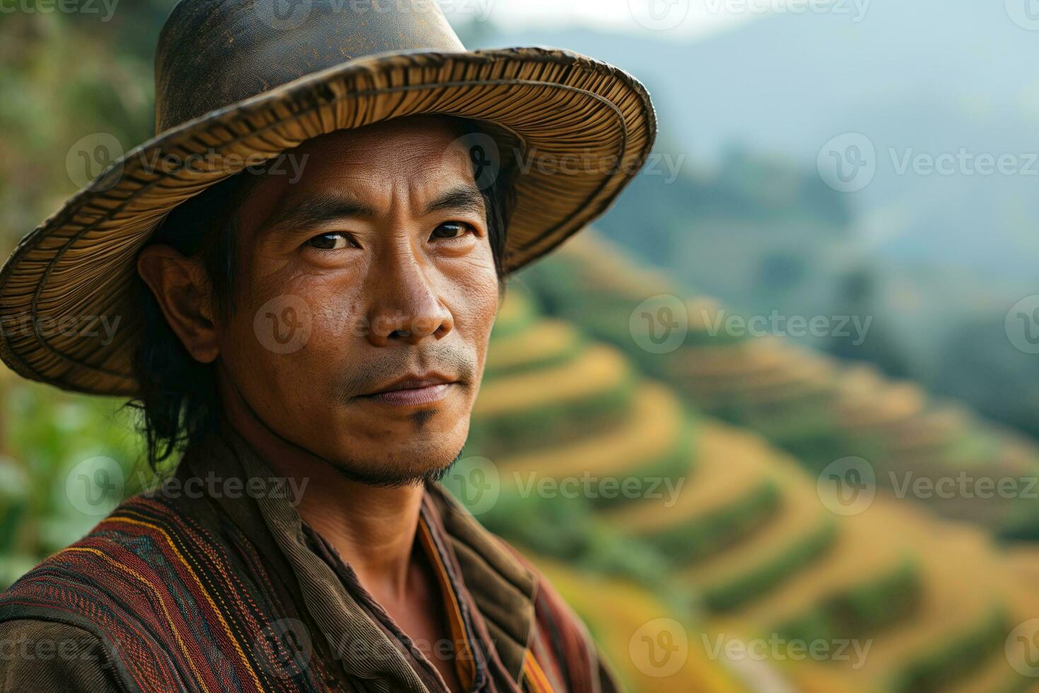 ai generiert asiatisch Mann im ländlich Volk Kleider gegen das Hintergrund von ein Senke mit landwirtschaftlich Terrassen foto