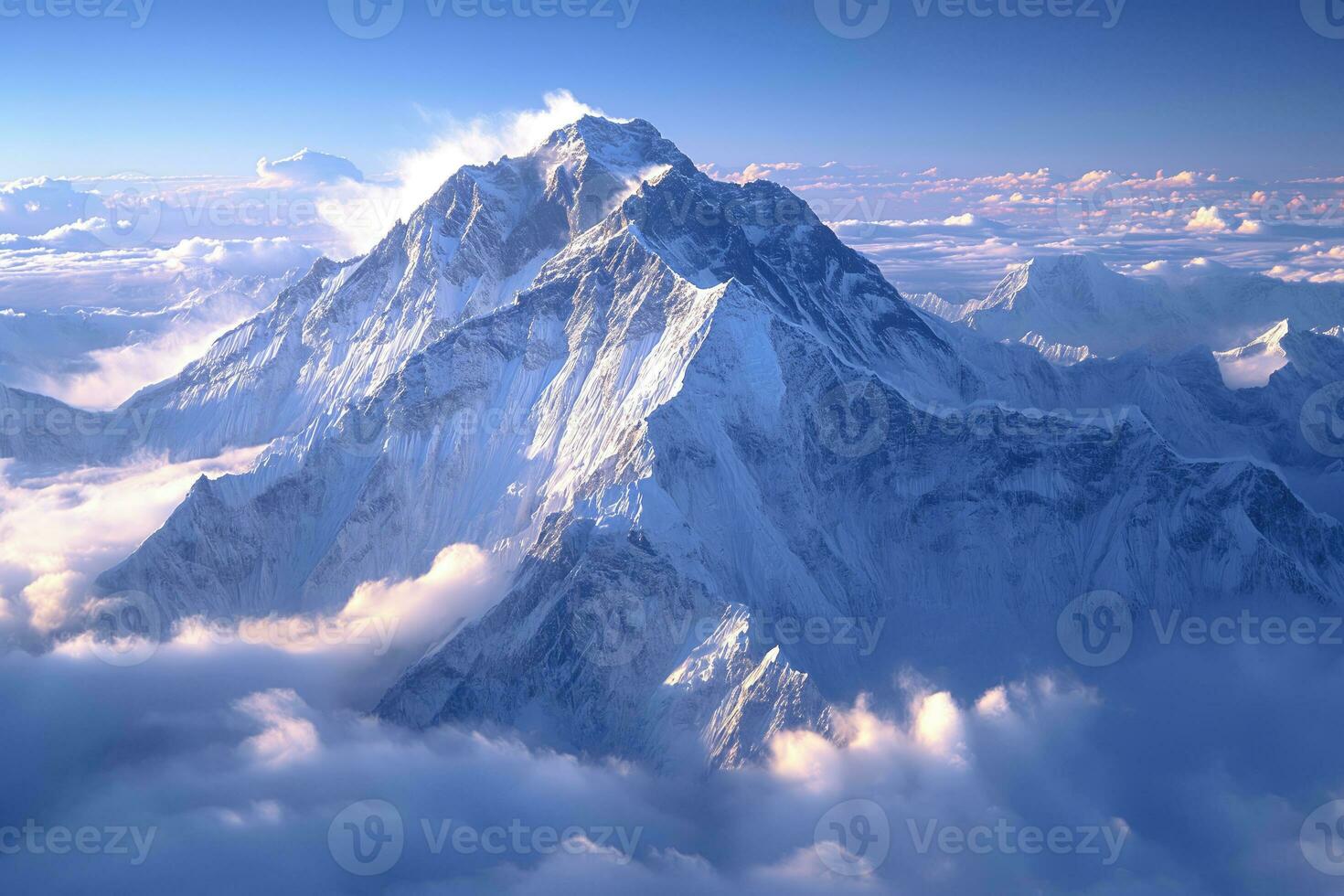 ai generiert Antenne Aussicht von ein hoch schneebedeckt Berg Gipfel über das Wolken foto