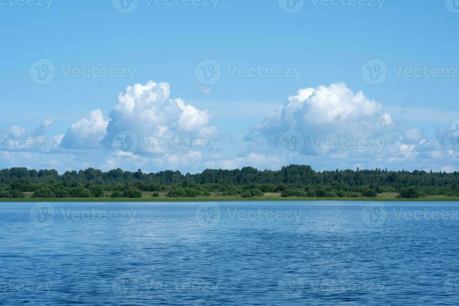 Wasserlandschaft, bewaldet Ufer von das See, Aussicht von das Wasser auf ein sonnig Tag foto