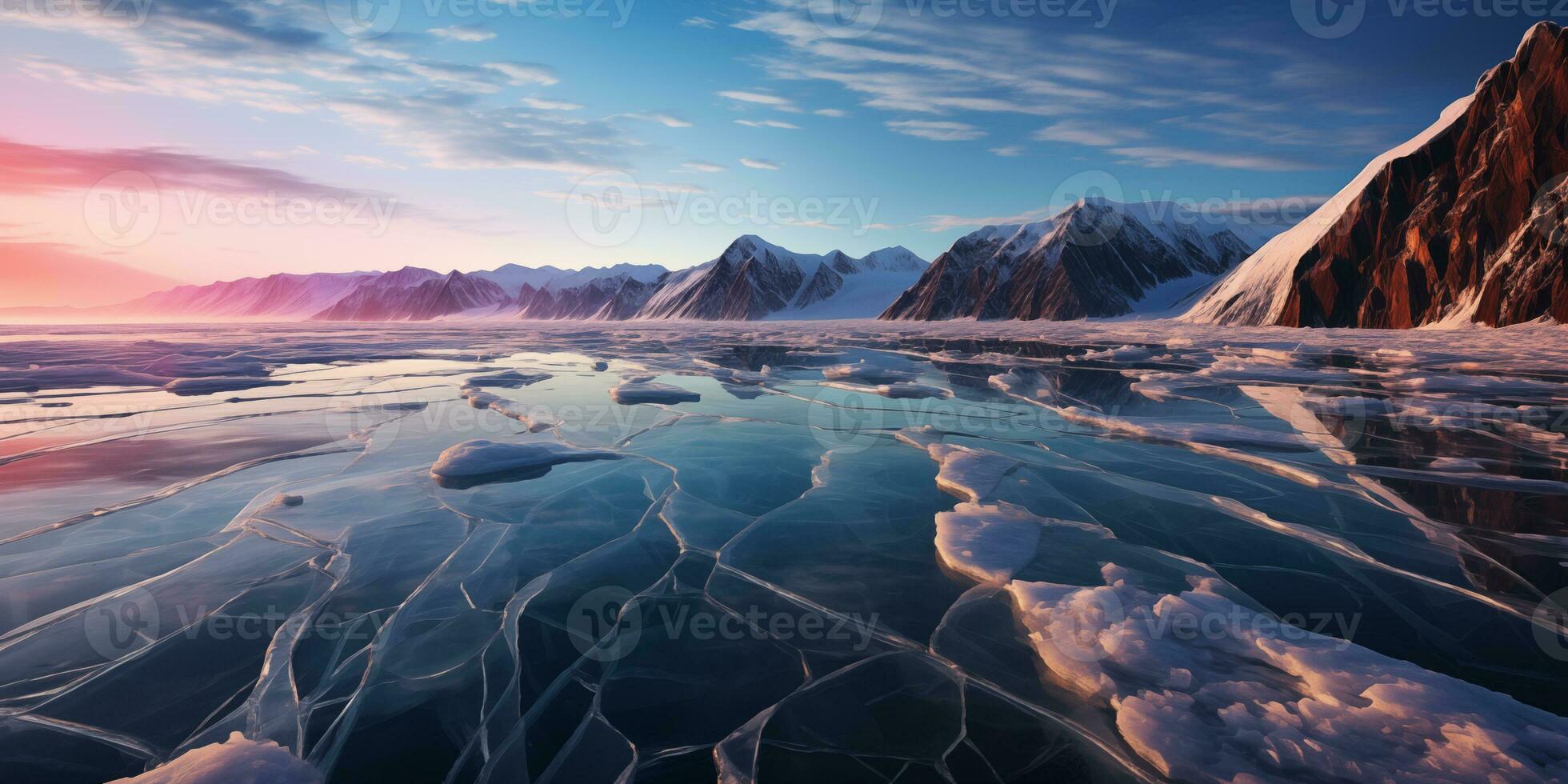 ai generiert Winter Landschaft, eisig Oberfläche von gefroren Meer foto