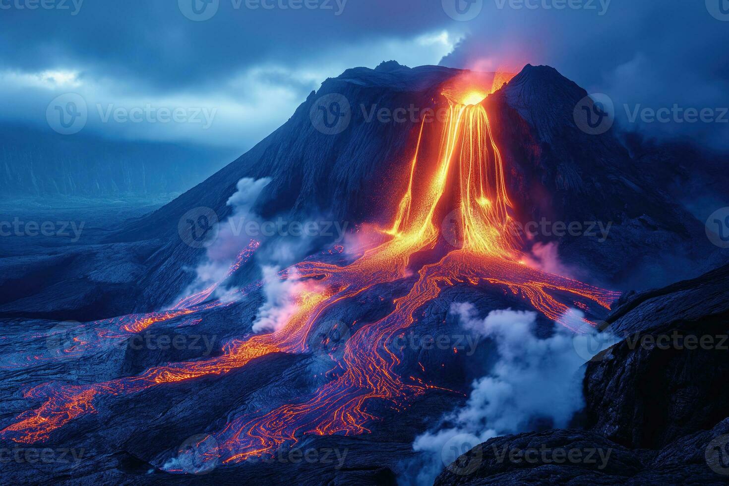 ai generiert schließen Aussicht von ein vulkanisch Krater während ein Eruption mit Streams von hell Flüssigkeit Lava foto