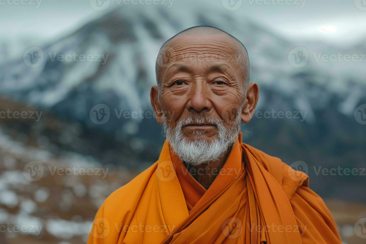 ai generiert Porträt von ein Alten Buddhist Mönch foto