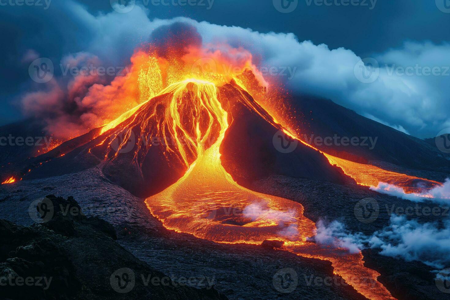 ai generiert schließen Aussicht von ein vulkanisch Eruption mit Lava fließt foto