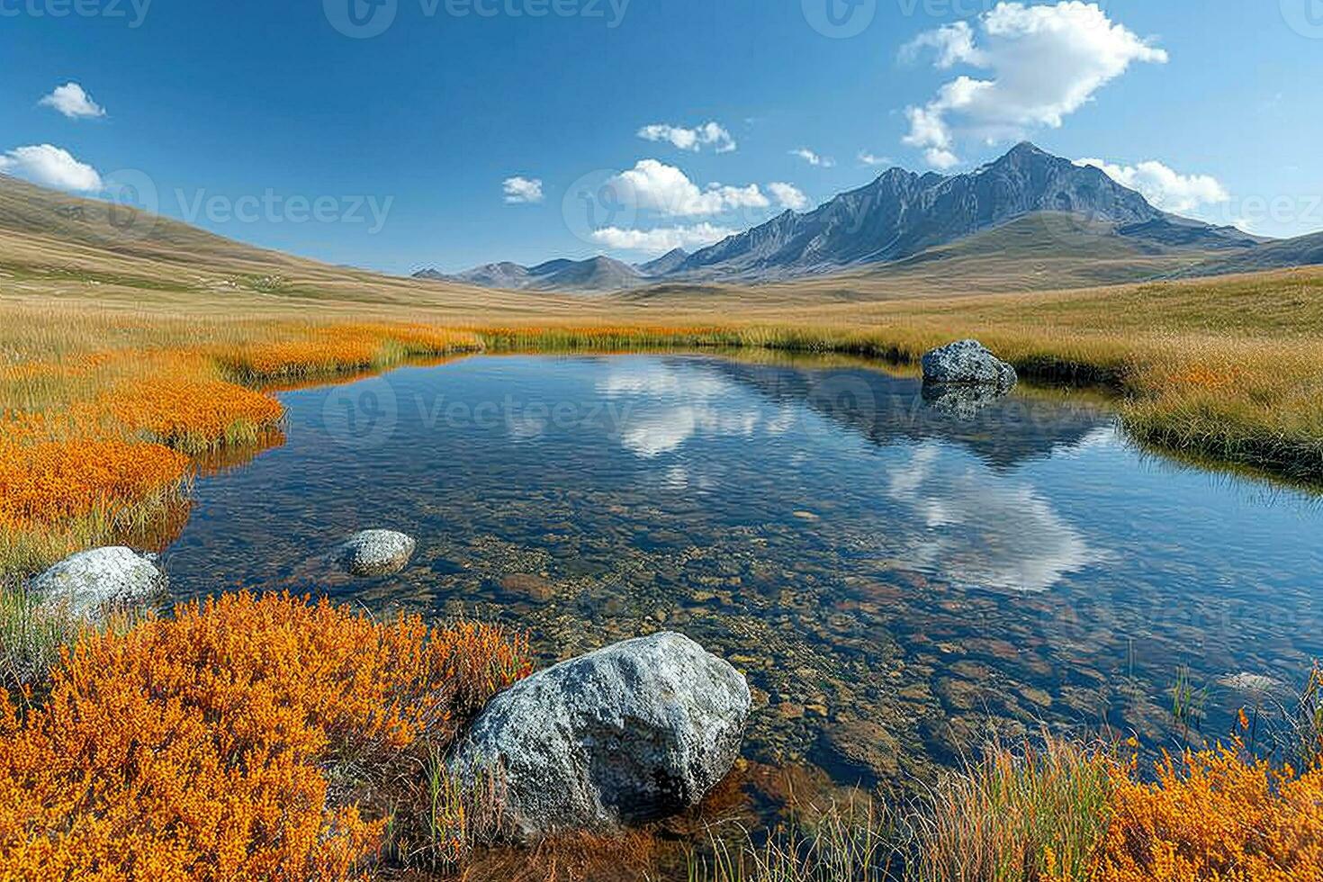 ai generiert flach See mit klar Wasser im das Berg Tundra auf ein Hochland Plateau foto