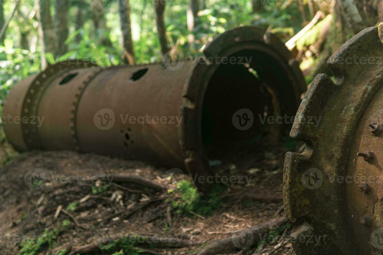 Überreste von rostig industriell Ausrüstung unter das Wald foto