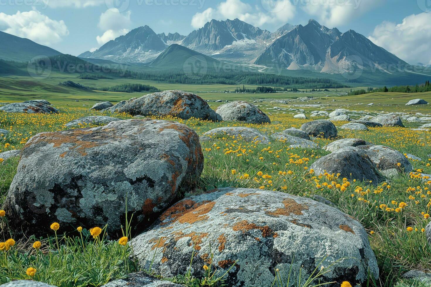 ai generiert schön Landschaft mit Felsbrocken im das alpin Wiese auf ein Berg Plateau foto