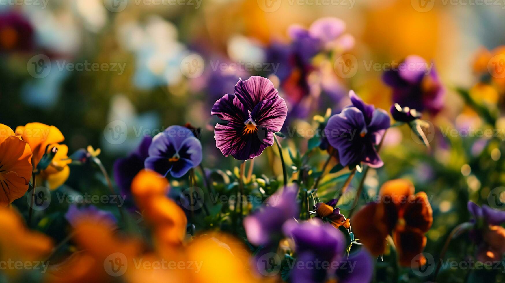 ai generiert ein verschwommen Foto von lila und Orange Blumen