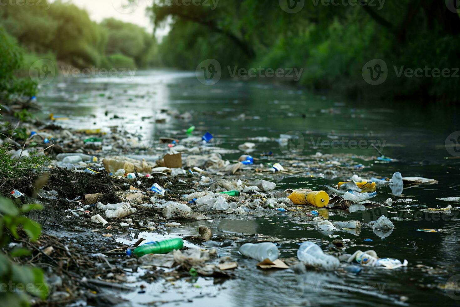 ai generiert Wasser Verschmutzung mit ein verschmutzt Flussufer übersät mit Plastik Abfall foto