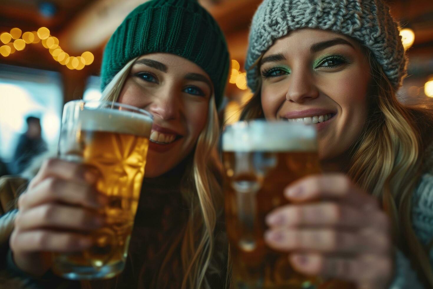 ai generiert zwei Frauen tragen Kobold Hüte halten Bier foto