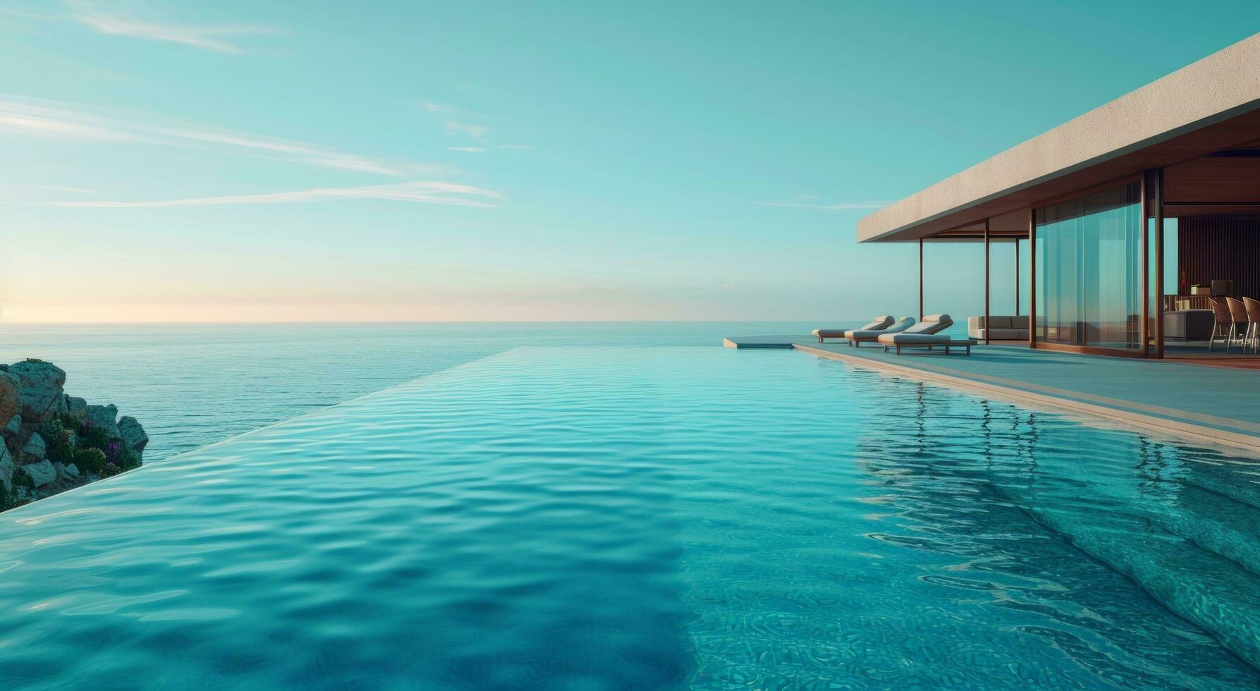 ai generiert ein enorm Schwimmen Schwimmbad und Strand auf ein Terrasse von ein Zuhause foto