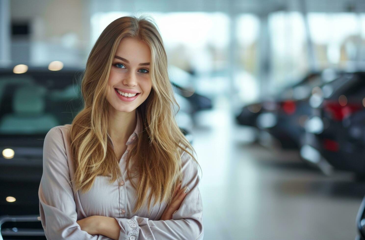 ai generiert Mädchen lächelnd im das Vorderseite von Auto Ausstellungsraum foto