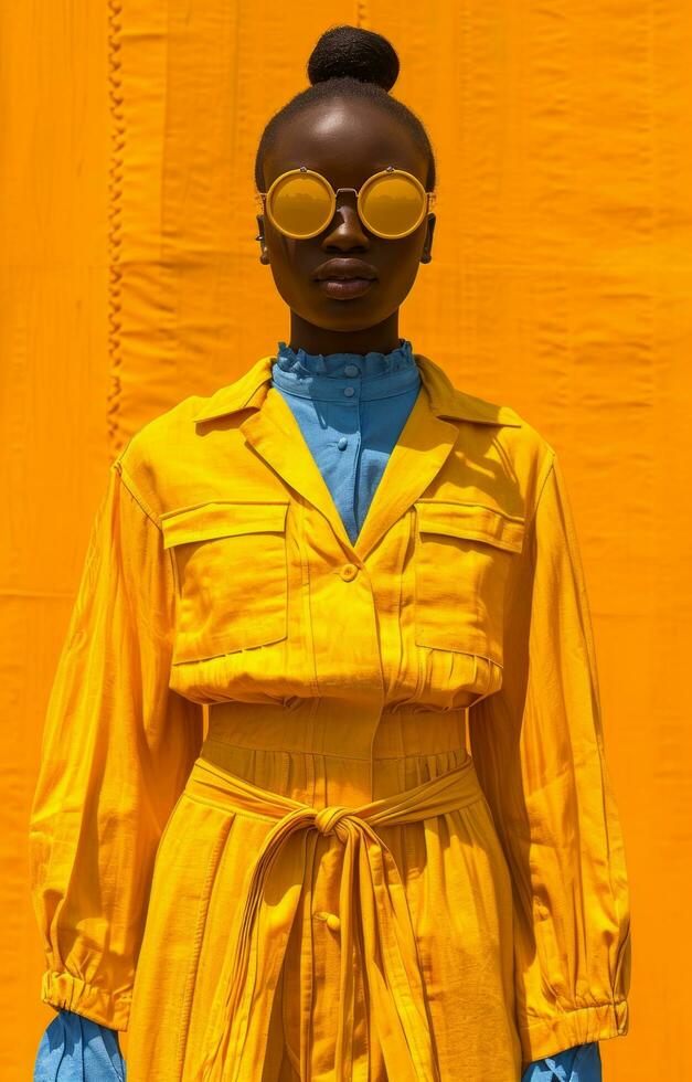 ai generiert ein Frau Stehen im ein Outfit von Gelb und Blau foto
