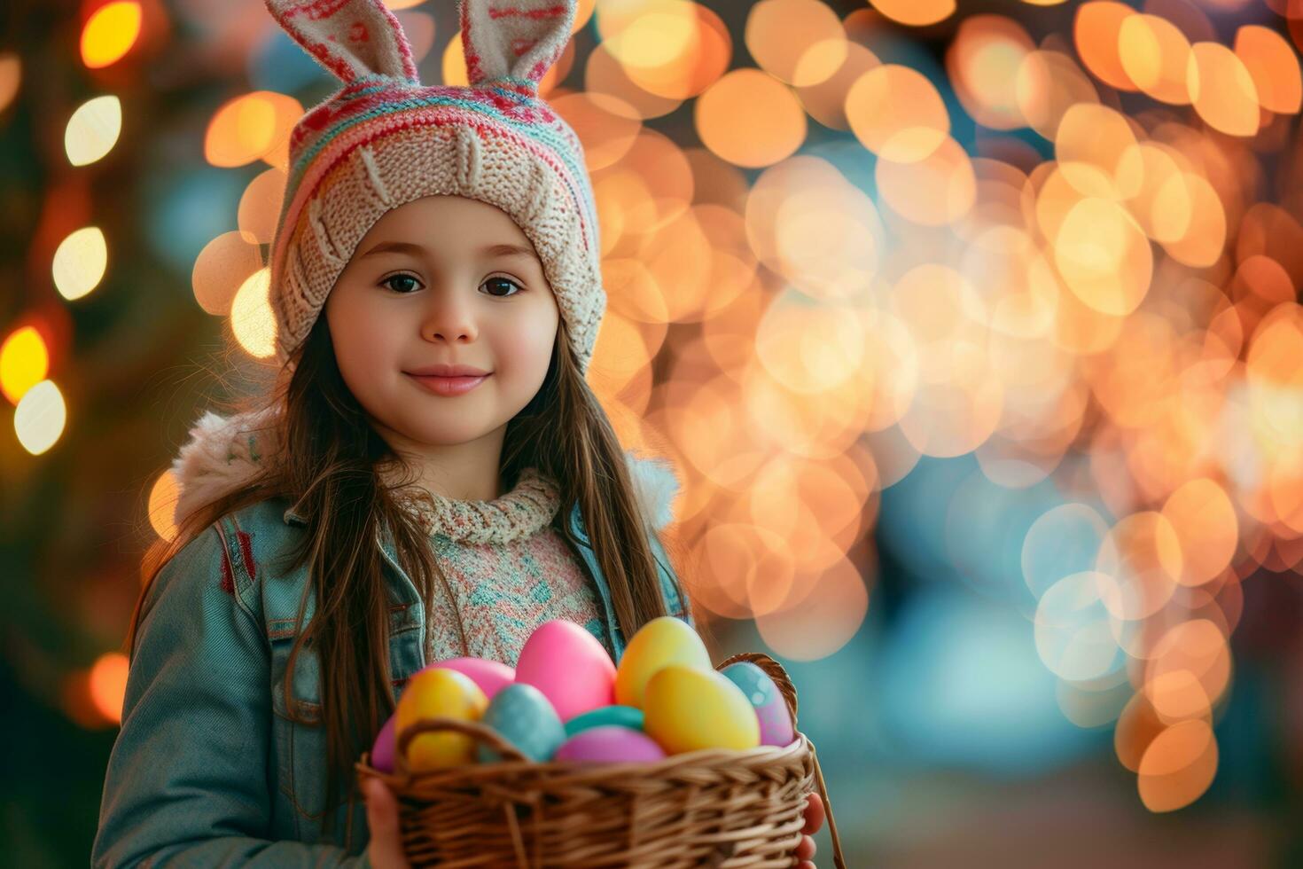 ai generiert jung Mädchen halten Ostern Hase Hut halten ein Korb von Ostern Eier foto