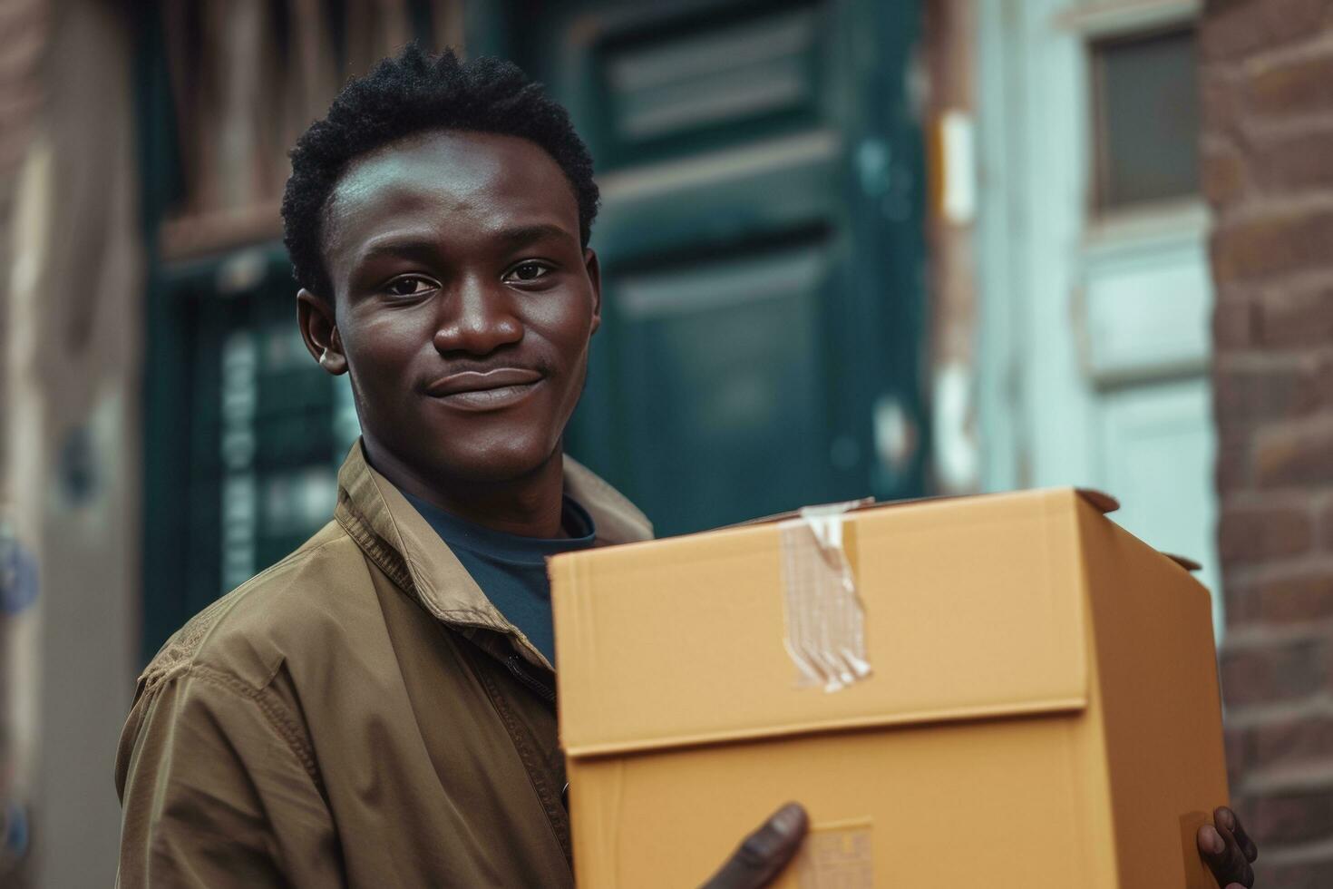 ai generiert jung afrikanisch Mann halten ein Karton Box auf das Straße foto