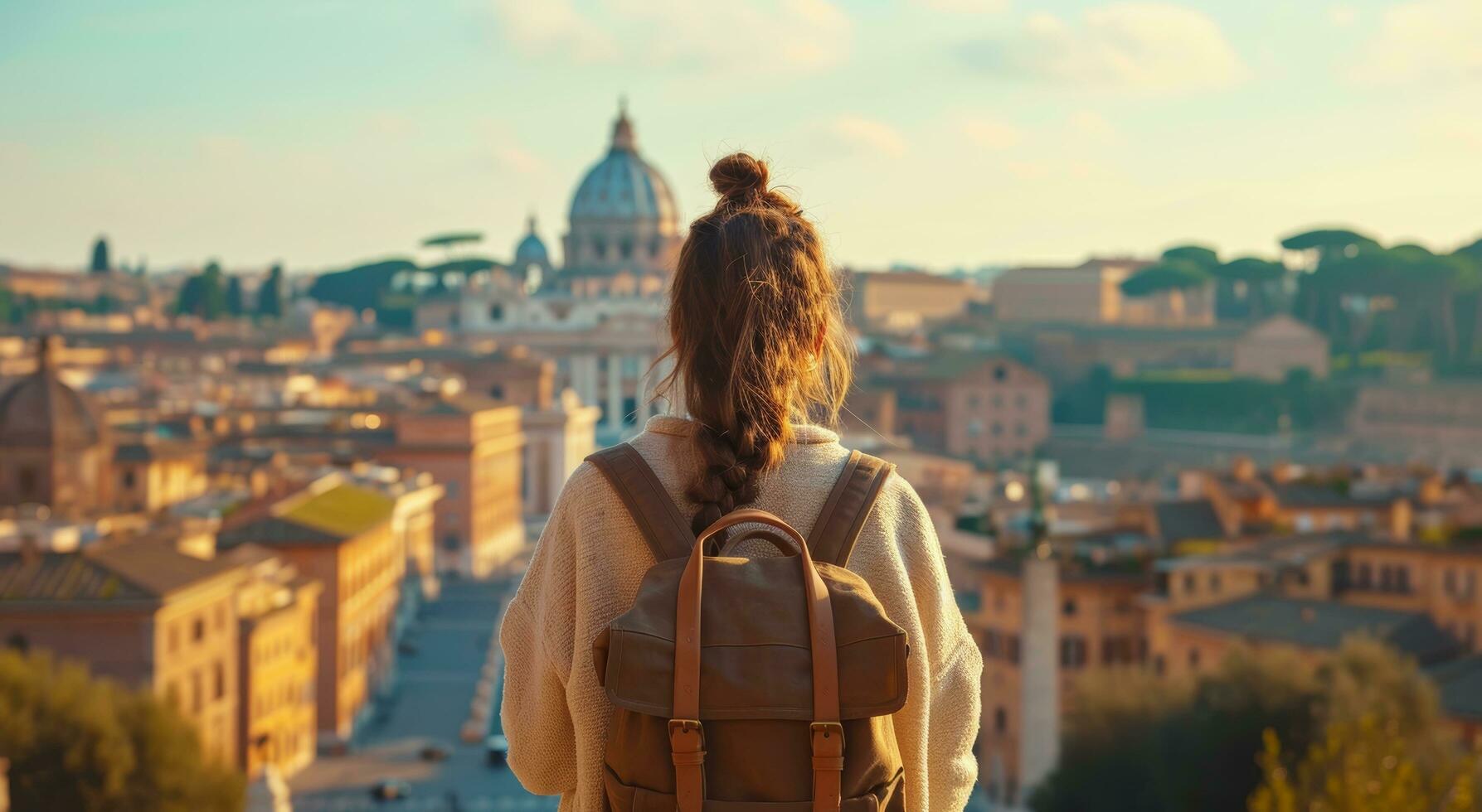 ai generiert Frau halten Rucksack suchen beim Rom Horizont mit Stadt Ansichten, foto