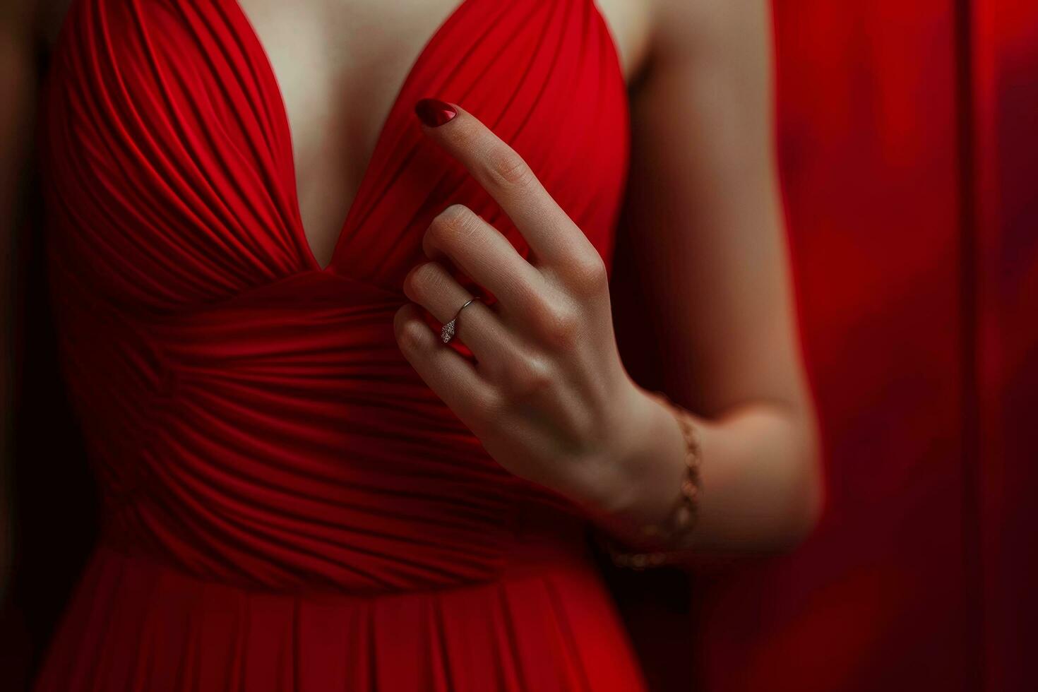 ai generiert ein Frau im ein rot Kleid mit rot Nagel Polieren auf ihr Finger foto